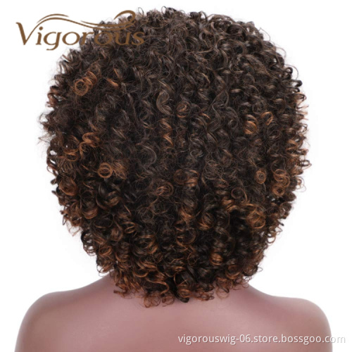Vigorous Hot Selling Cheap Price Short Fluffy Kinky Curly Ombre Color Machine Made Cosplay For Black Women Synthetic Hair Wigs